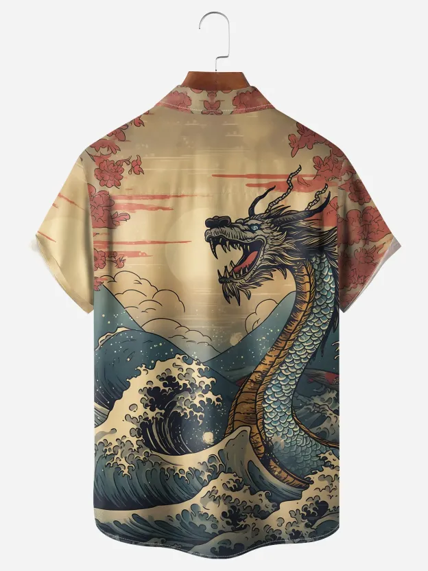 Men's Casual Ukiyo-e Dragon Wave Print Lapel Pocket Short Sleeve Shirt