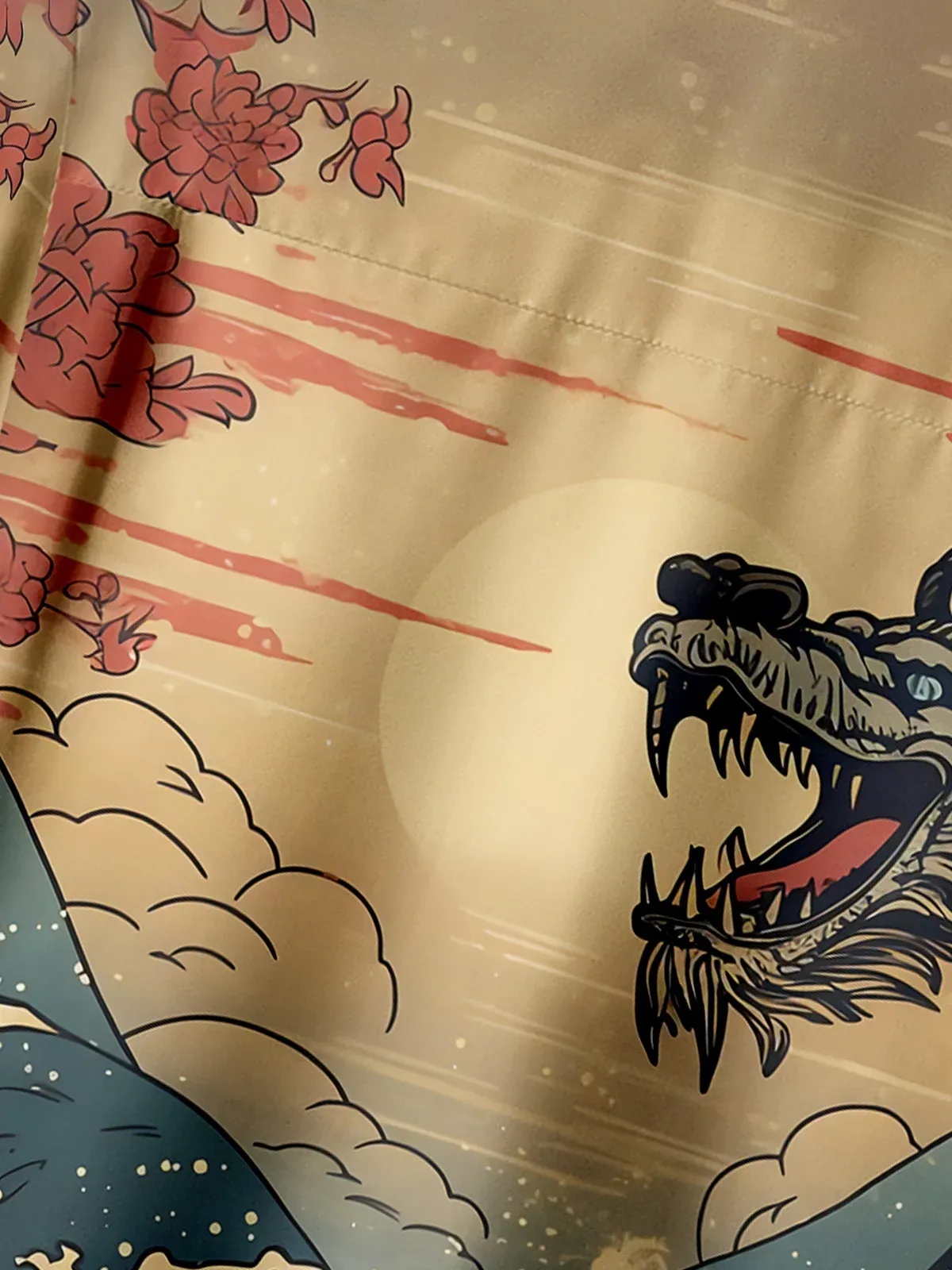 Men's Casual Ukiyo-e Dragon Wave Print Lapel Pocket Short Sleeve Shirt