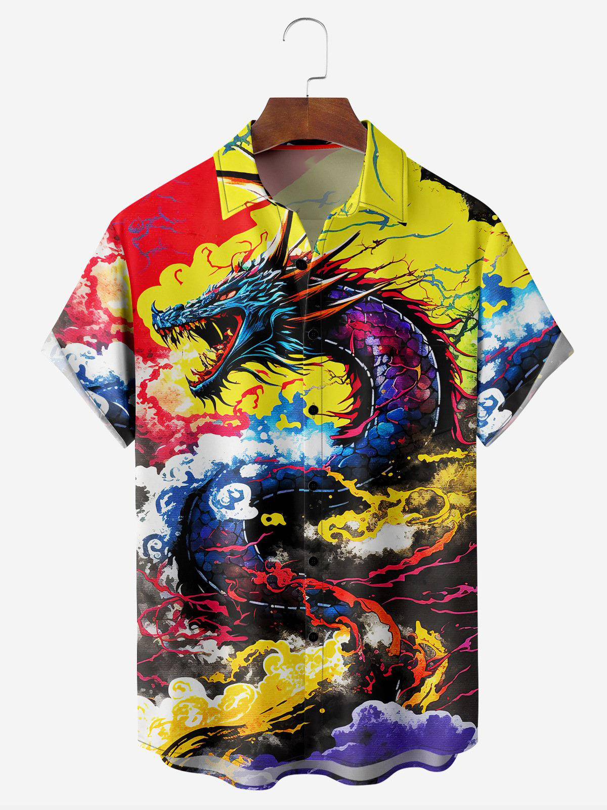 Men's Casual Ukiyo-e Dragon Print Lapel Pocket Short Sleeve Shirt