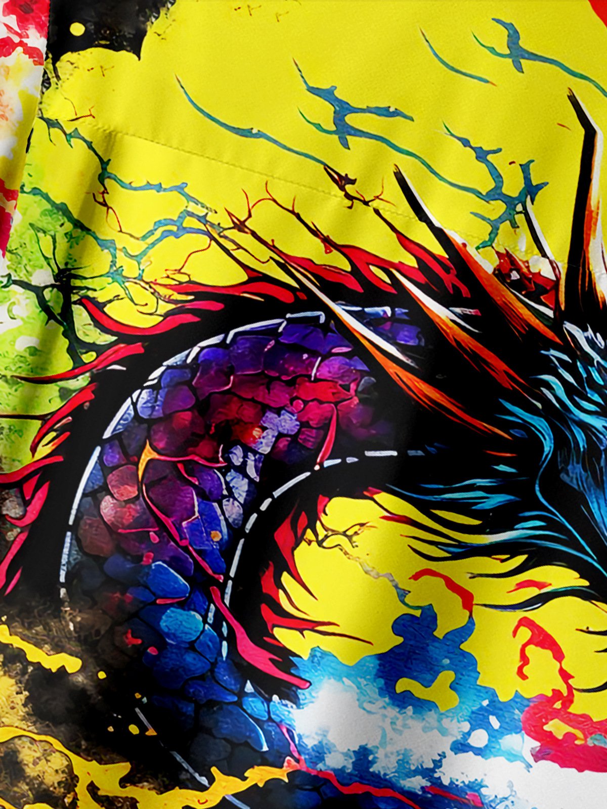 Men's Casual Ukiyo-e Dragon Print Lapel Pocket Short Sleeve Shirt