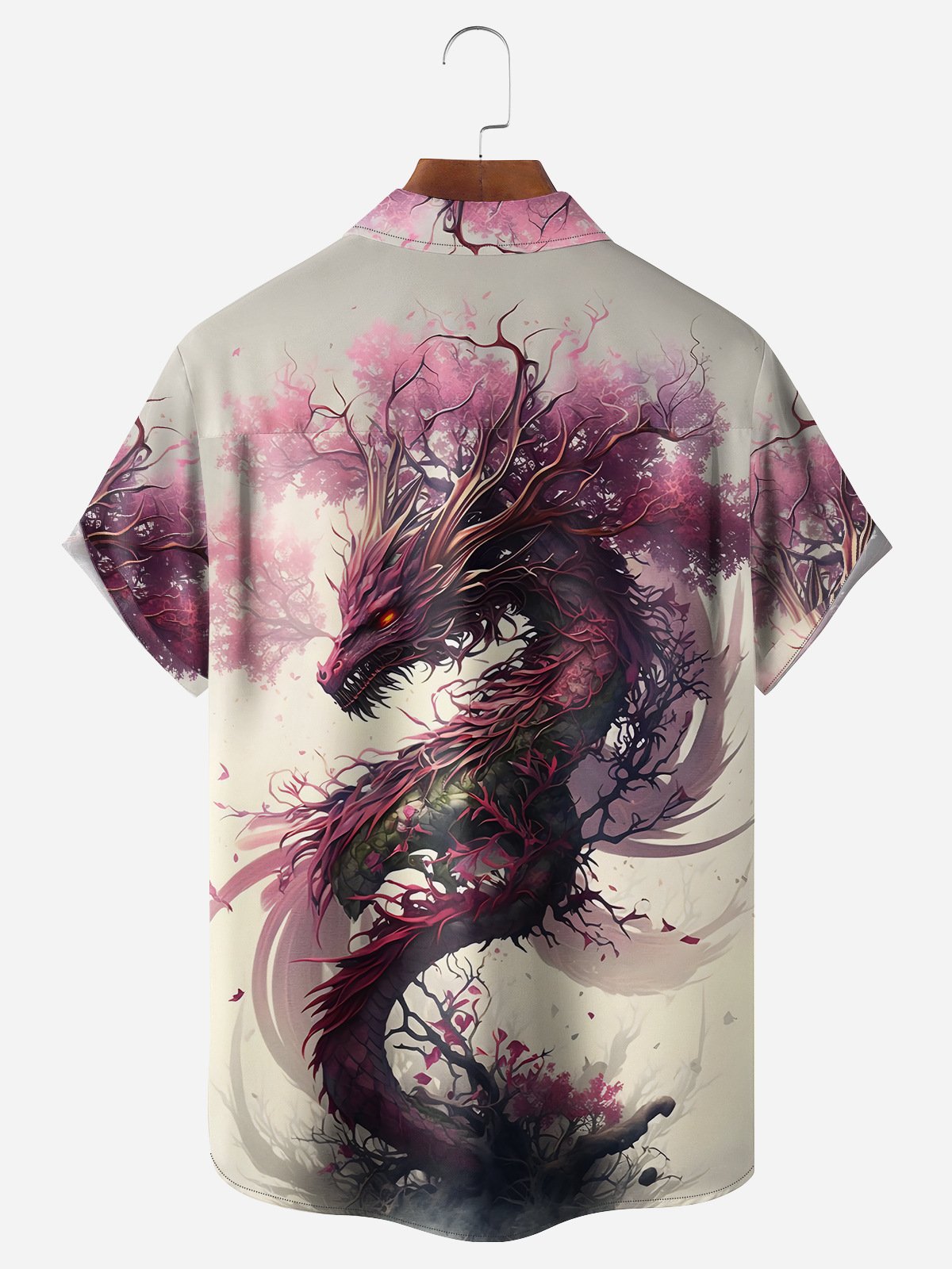 Men's Casual Ukiyo-e Sakura Dragon Print Lapel Pocket Short Sleeve Shirt