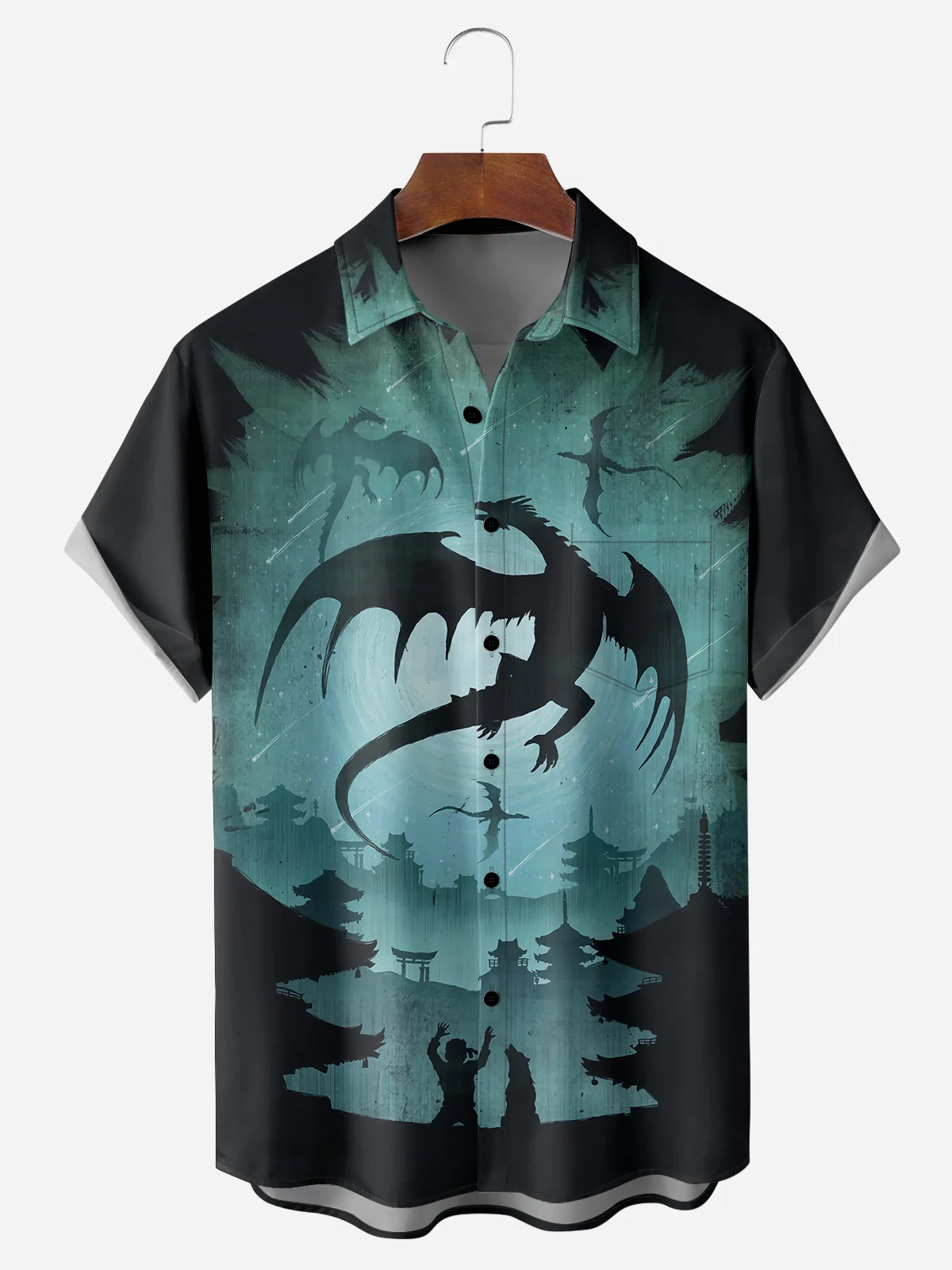 Men's Casual Dragon Illustration Print Lapel Pocket Short Sleeve Shirt