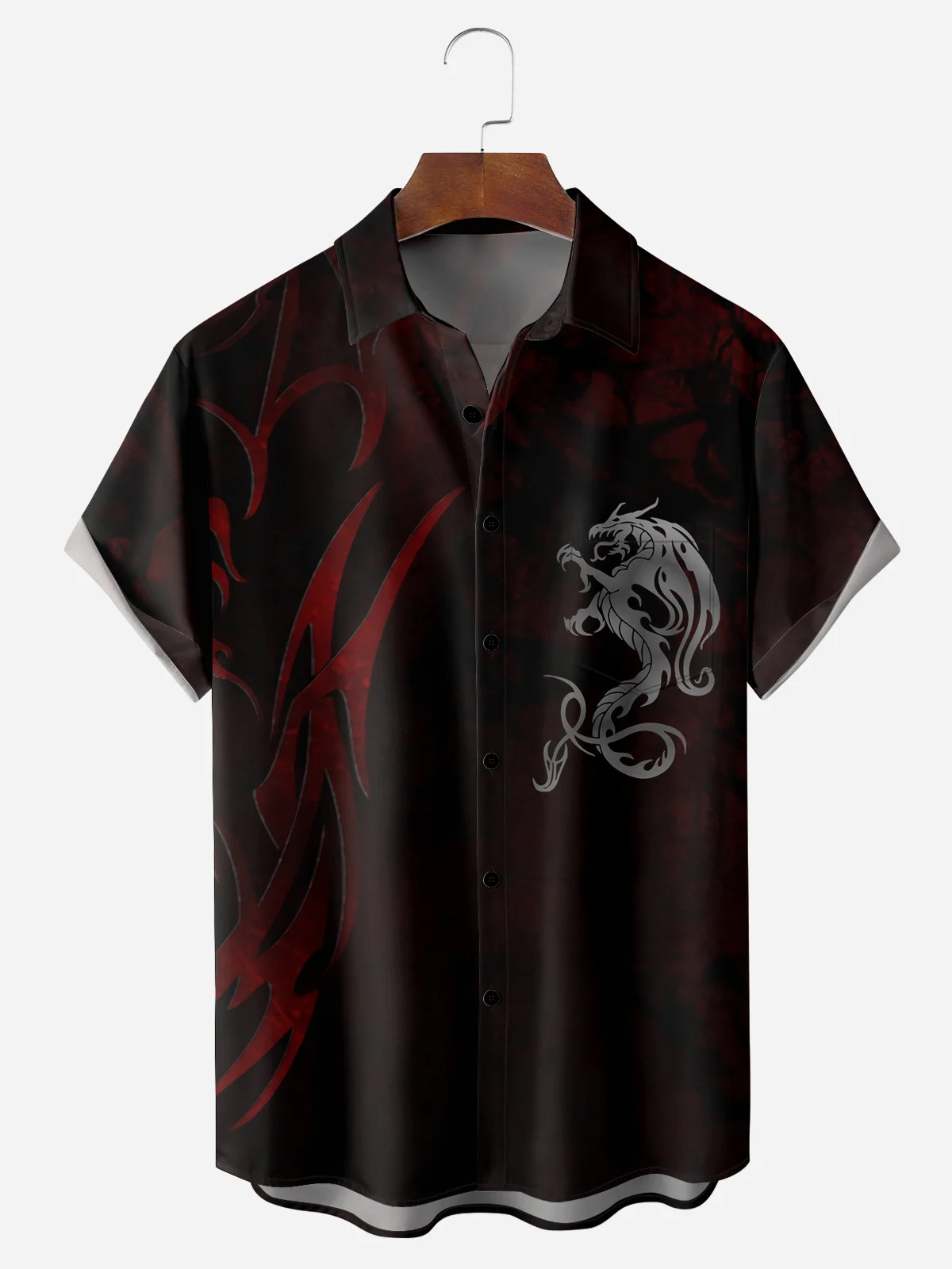 Men's Casual Dragon Dark Print Lapel Pocket Short Sleeve Shirt
