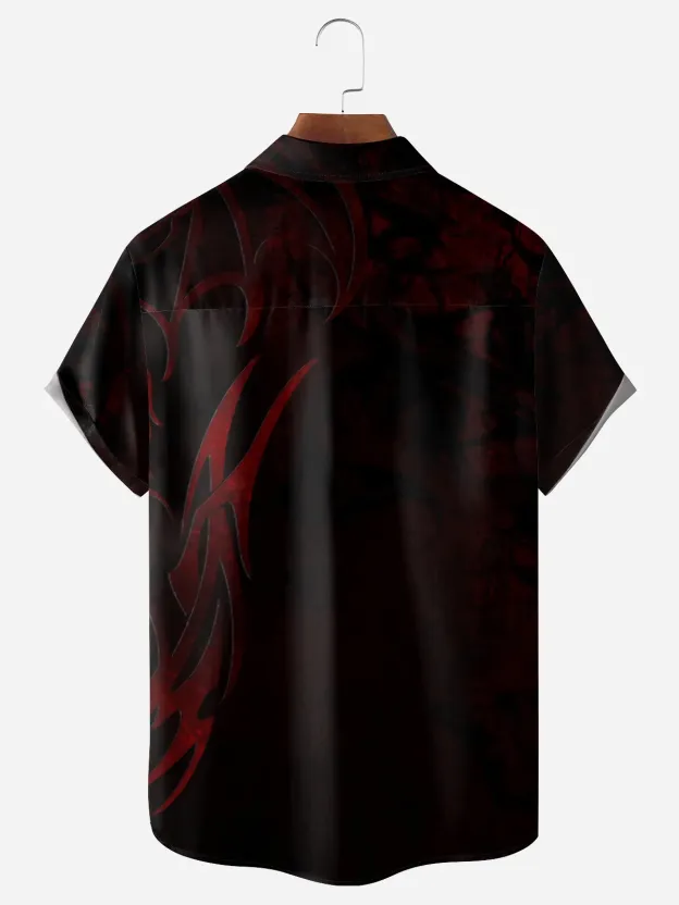 Men's Casual Dragon Dark Print Lapel Pocket Short Sleeve Shirt