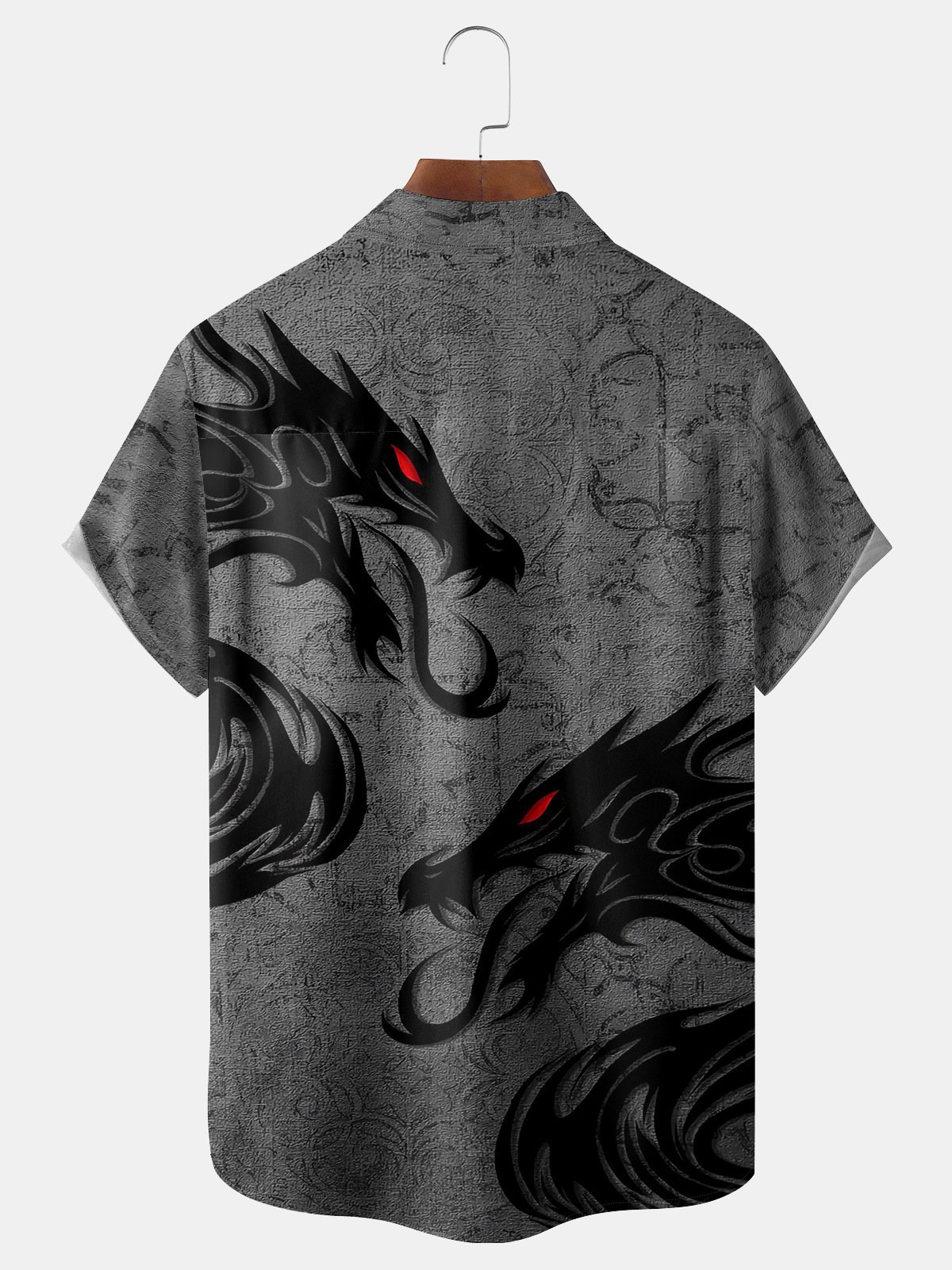 Men's Casual Double Dragon Dark Flower Print Lapel Pocket Short Sleeve Shirt