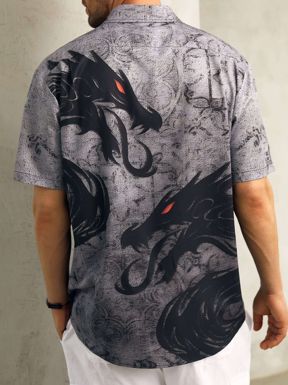 Men's Casual Double Dragon Dark Flower Print Lapel Pocket Short Sleeve Shirt