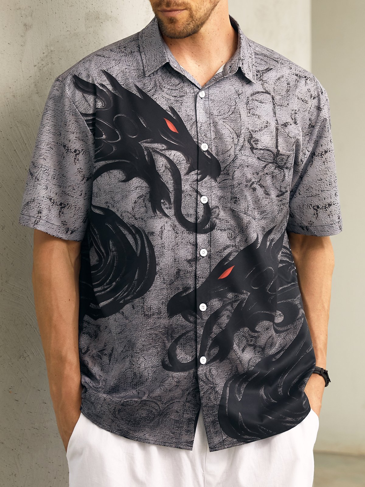 Men's Casual Double Dragon Dark Flower Print Lapel Pocket Short Sleeve Shirt