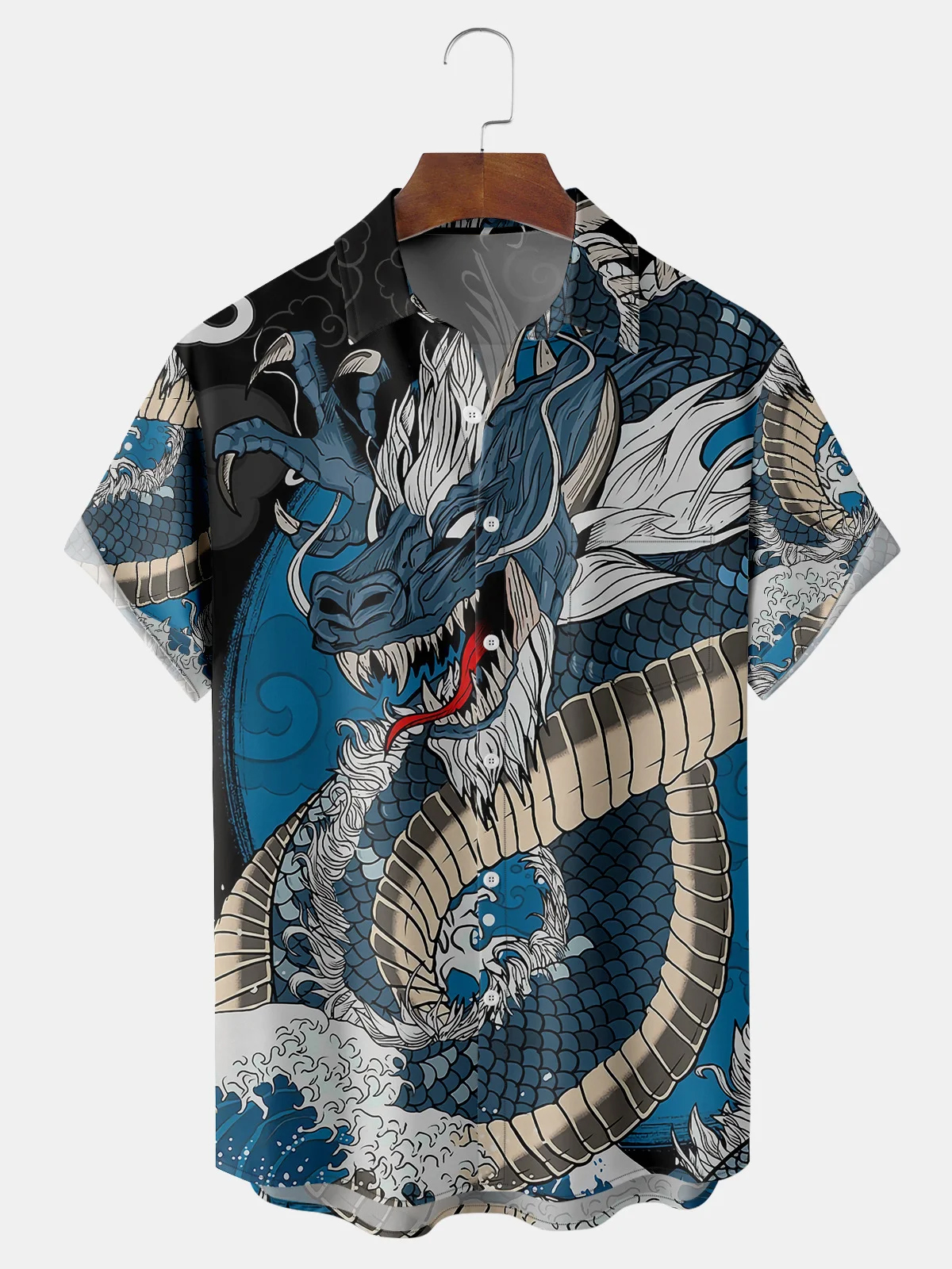Men's Casual Cartoon Dragon Printed Lapel Pocket Short Sleeve Shirt