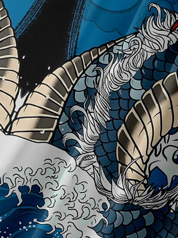 Men's Casual Cartoon Dragon Printed Lapel Pocket Short Sleeve Shirt