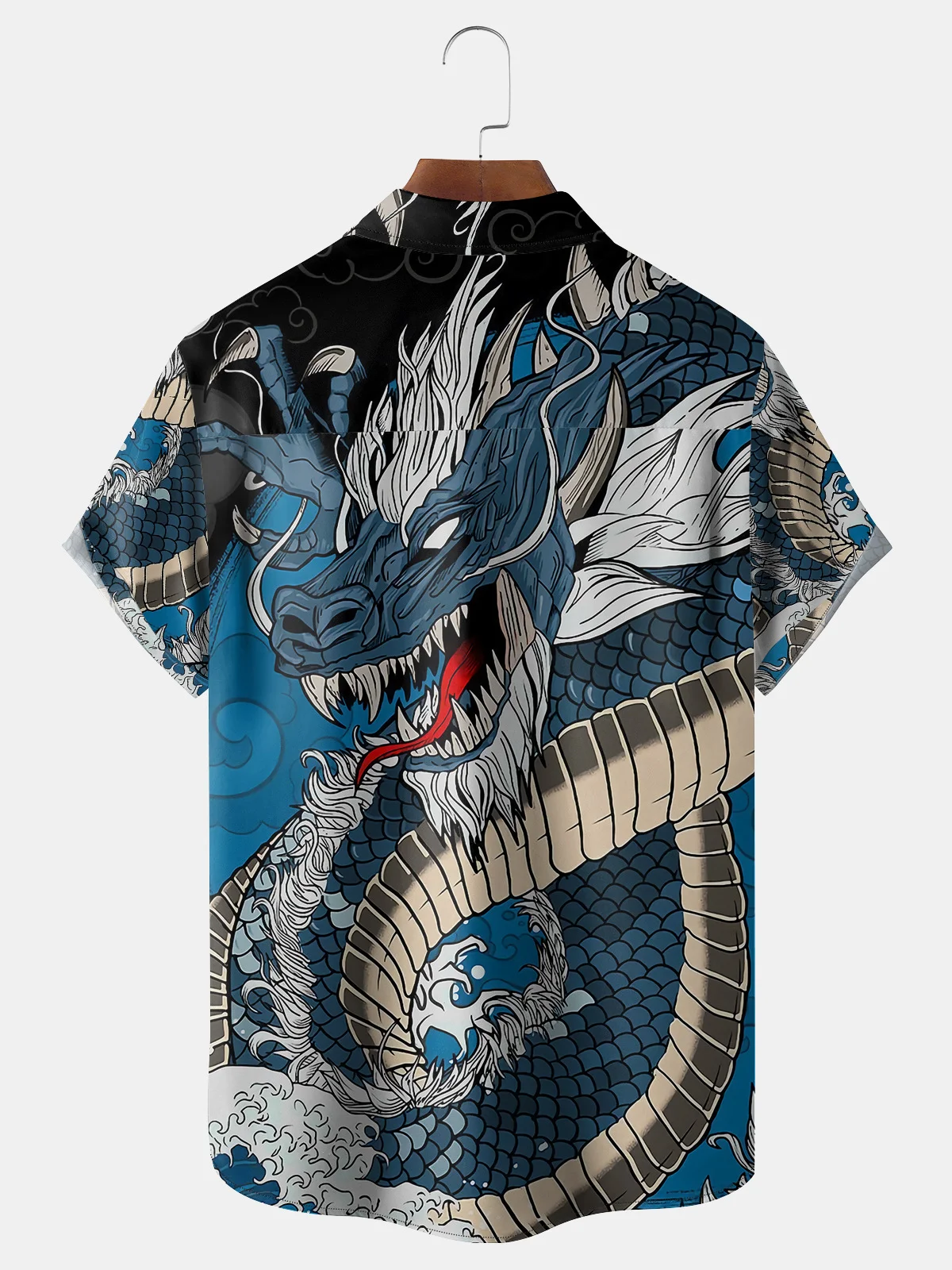 Men's Casual Cartoon Dragon Printed Lapel Pocket Short Sleeve Shirt