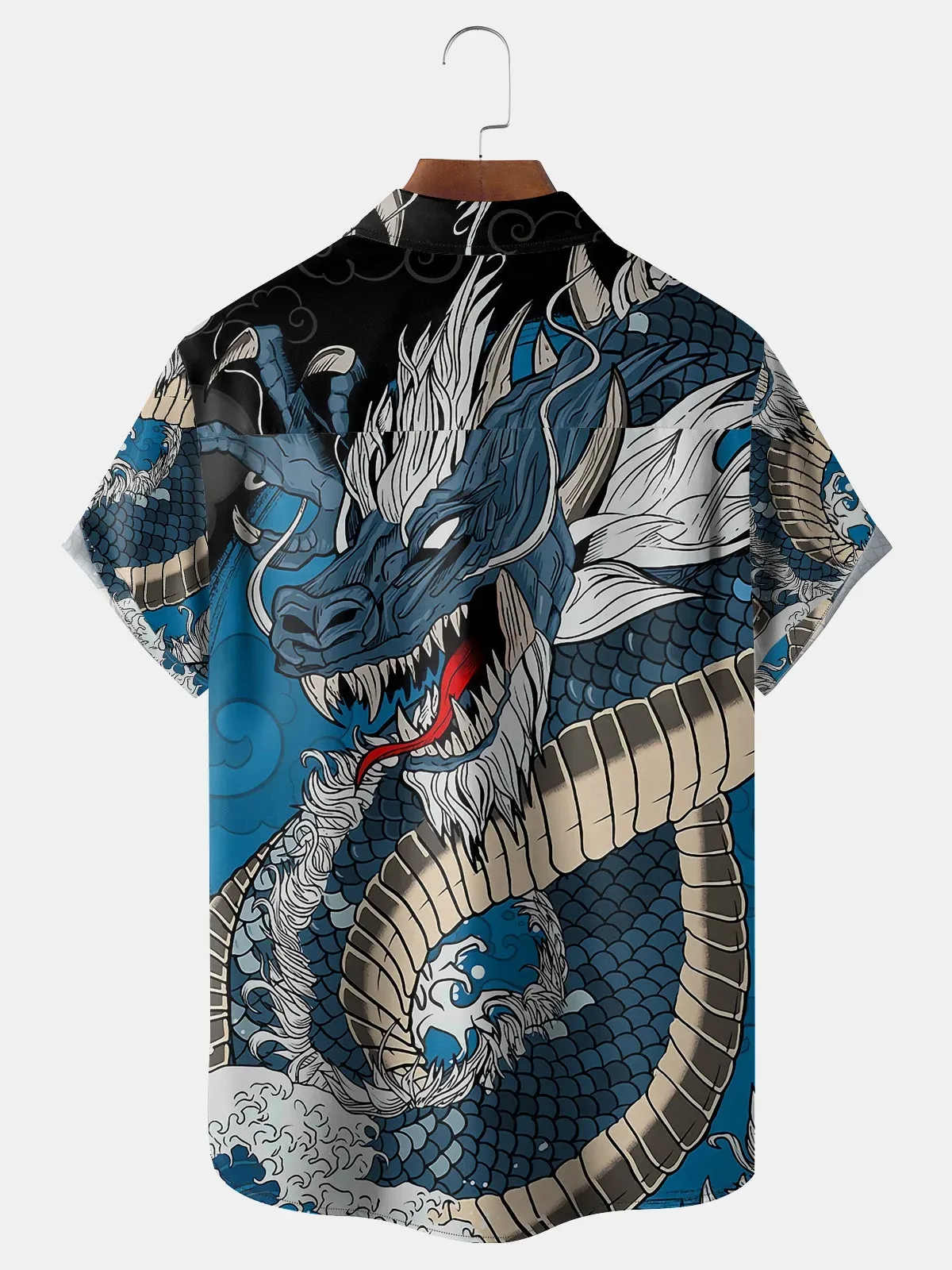 Men's Casual Cartoon Dragon Printed Lapel Pocket Short Sleeve Shirt