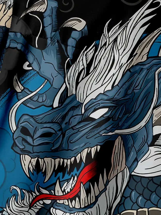 Men's Casual Cartoon Dragon Printed Lapel Pocket Short Sleeve Shirt