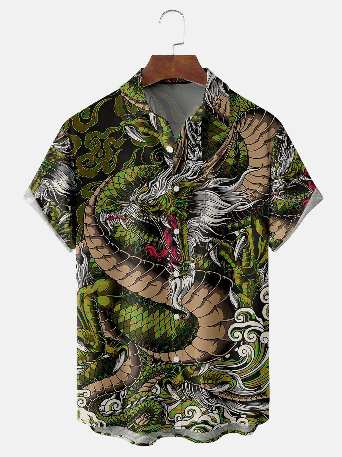 Men's Casual Green Cartoon Dragon Print Lapel Pocket Short Sleeve Shirt