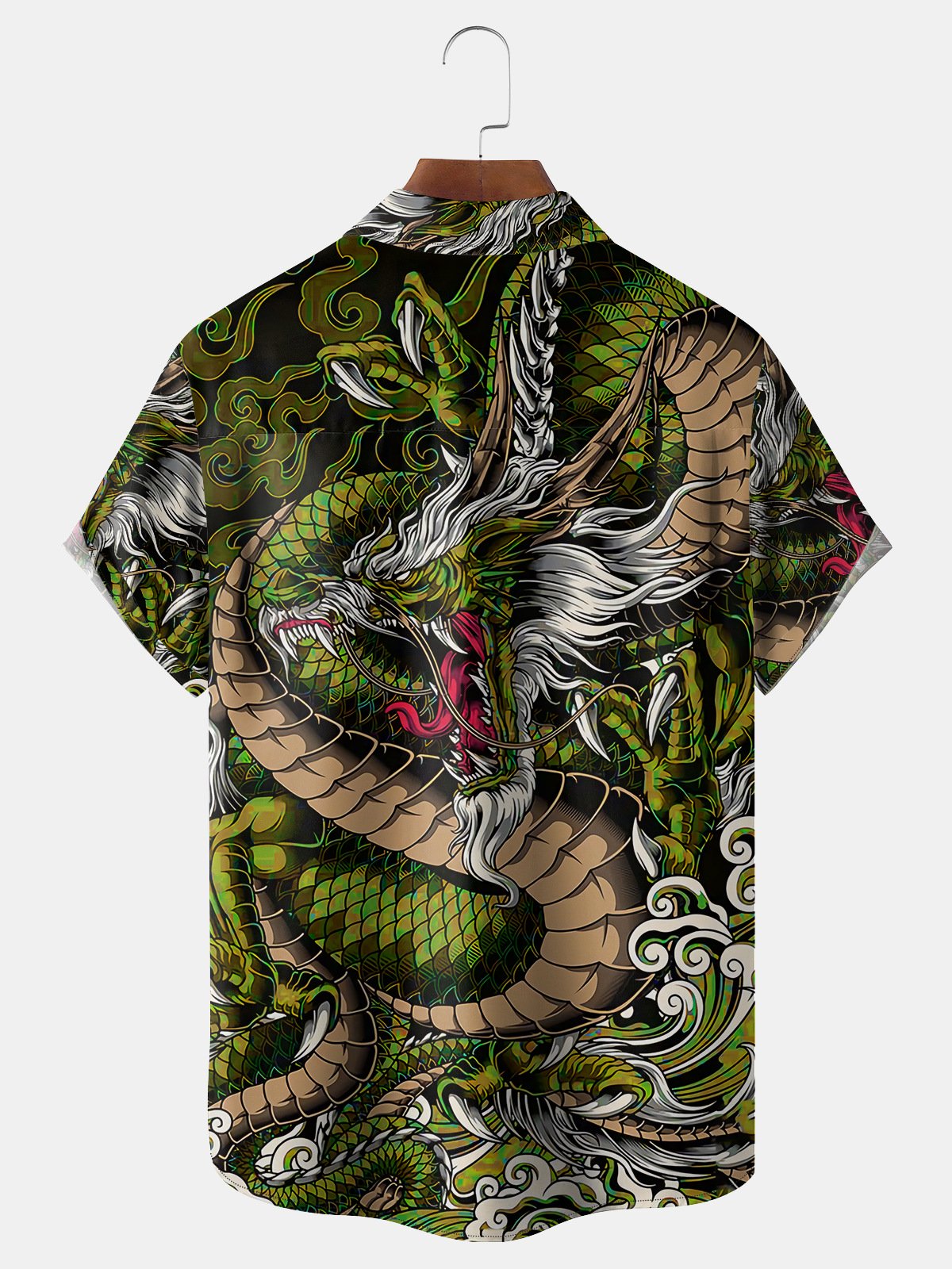 Men's Casual Green Cartoon Dragon Print Lapel Pocket Short Sleeve Shirt