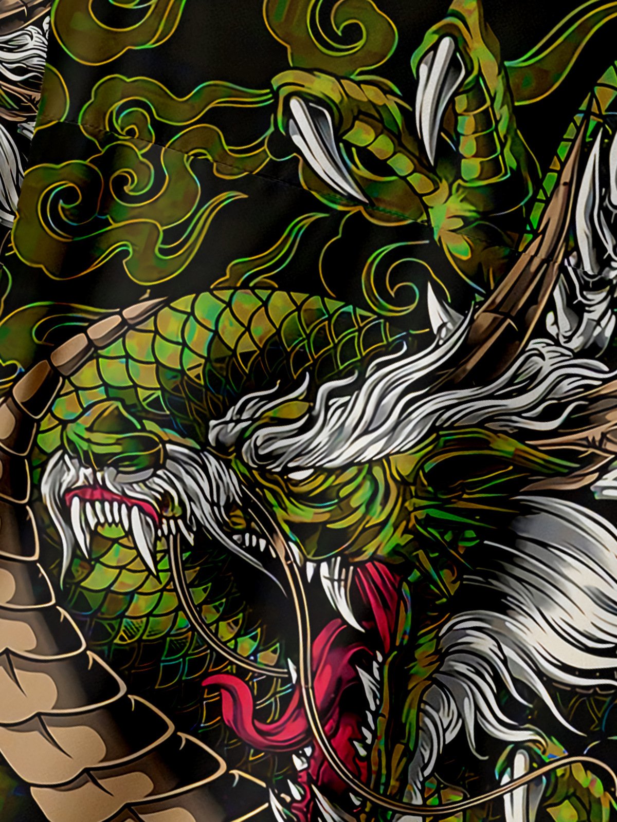 Men's Casual Green Cartoon Dragon Print Lapel Pocket Short Sleeve Shirt