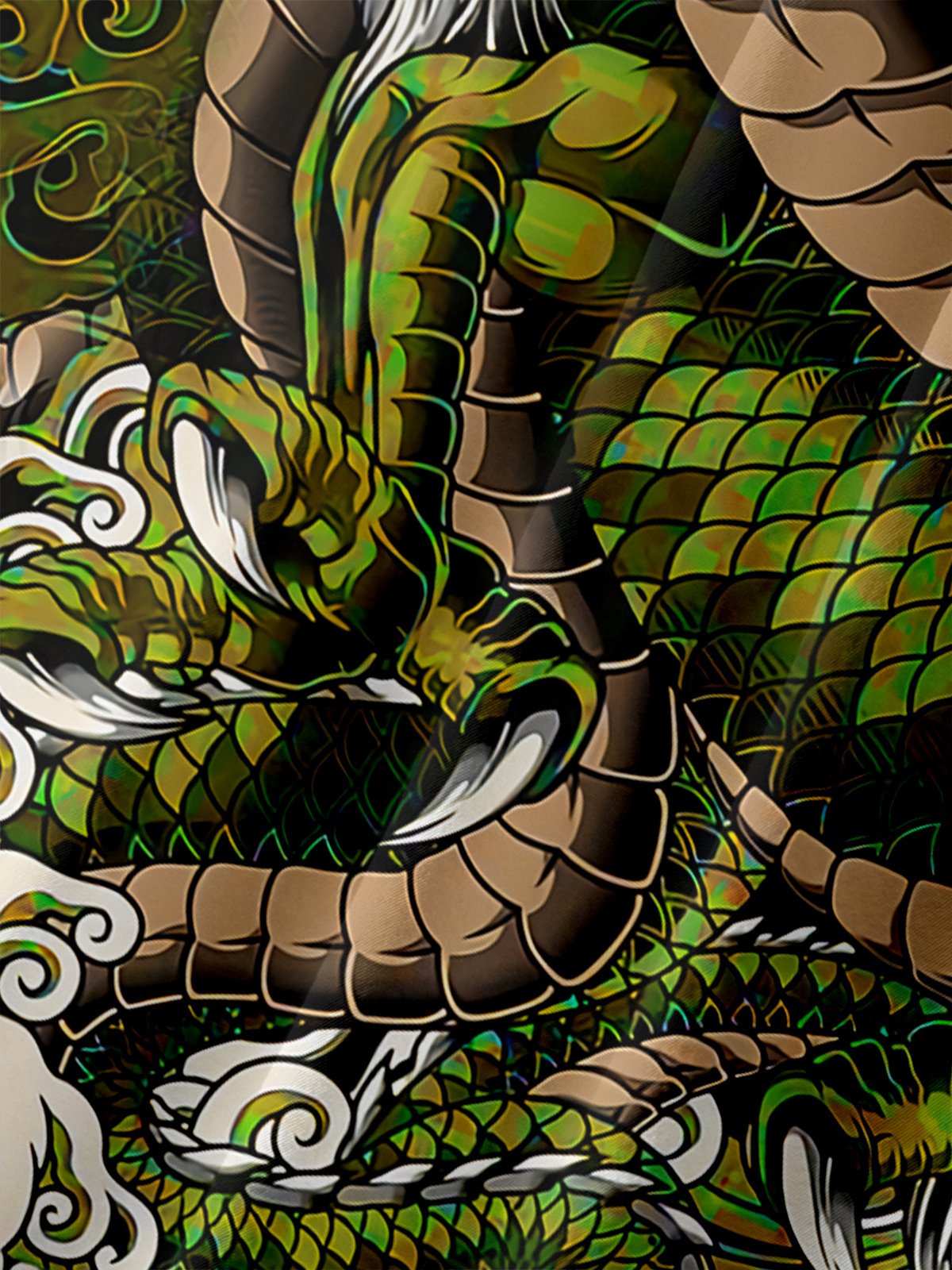 Men's Casual Green Cartoon Dragon Print Lapel Pocket Short Sleeve Shirt