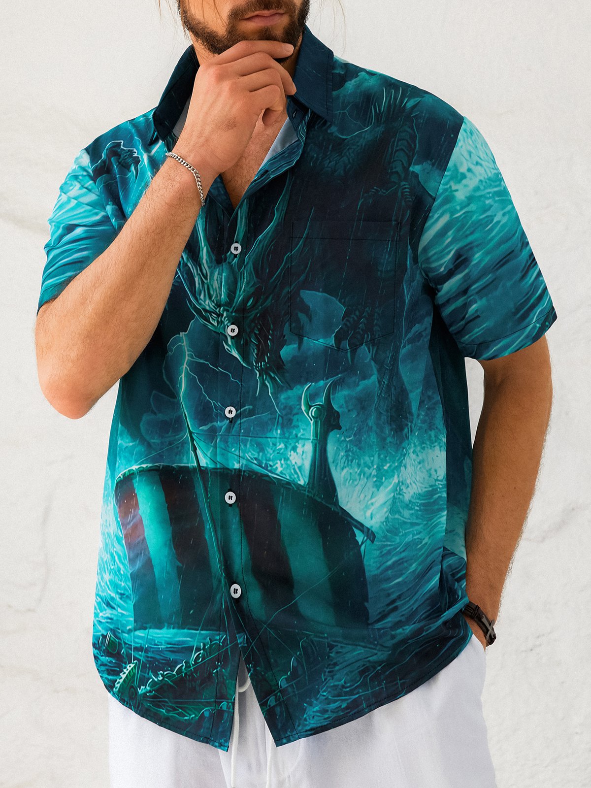 Men's Casual Evil Dragon Illustration Print Lapel Pocket Short Sleeve Shirt