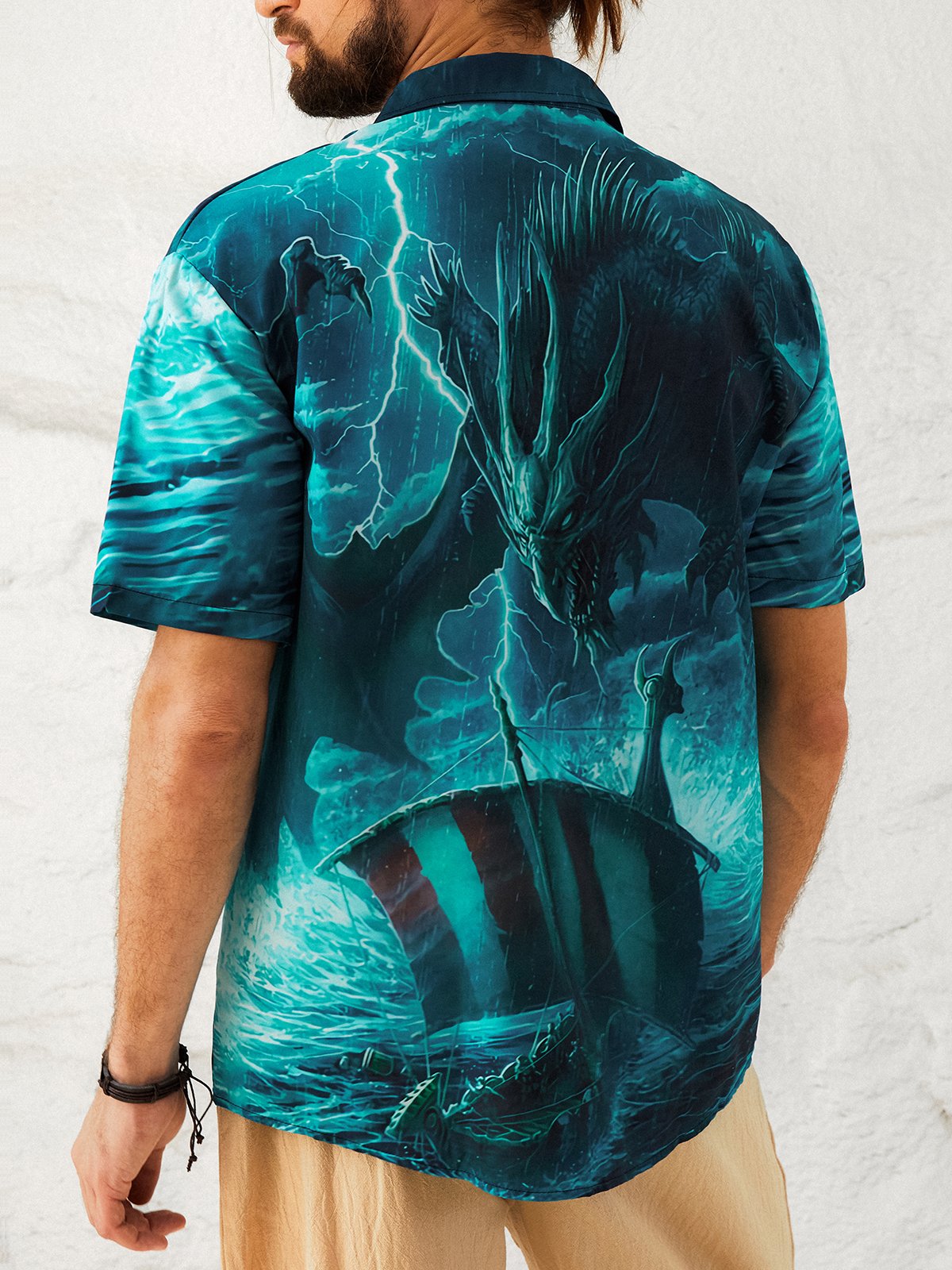 Men's Casual Evil Dragon Illustration Print Lapel Pocket Short Sleeve Shirt