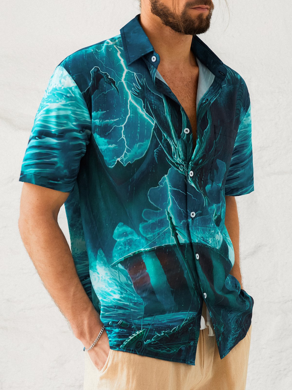 Men's Casual Evil Dragon Illustration Print Lapel Pocket Short Sleeve Shirt