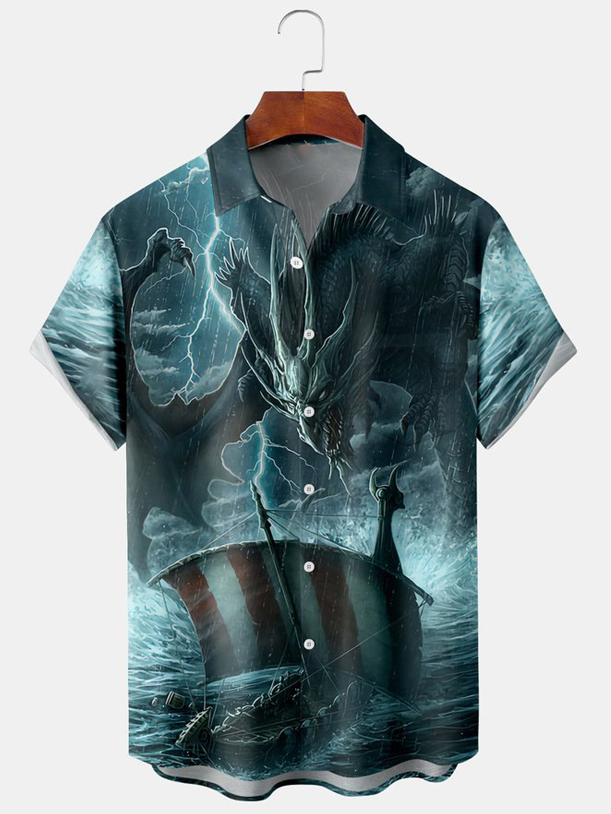 Men's Casual Evil Dragon Illustration Print Lapel Pocket Short Sleeve Shirt