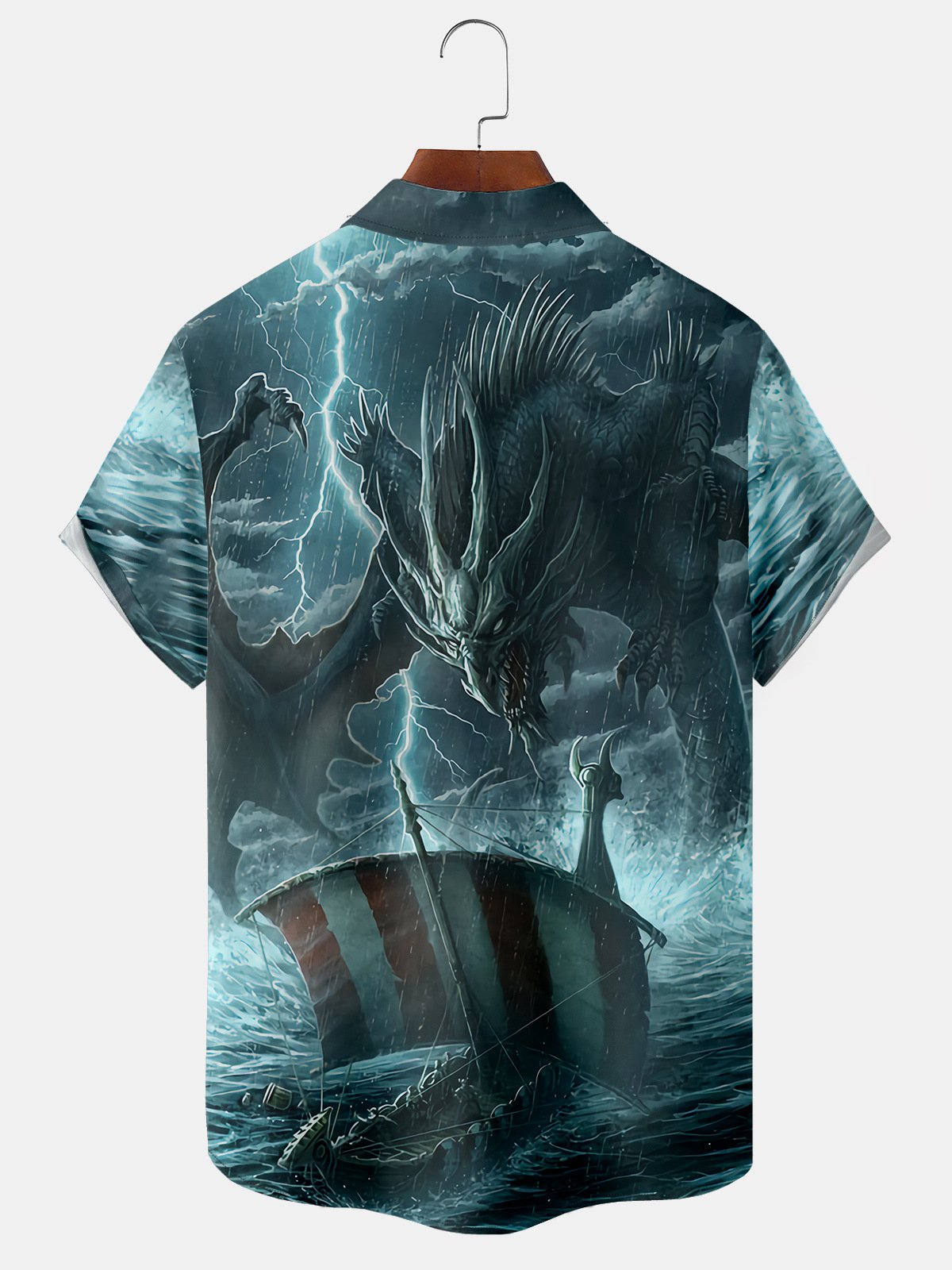 Men's Casual Evil Dragon Illustration Print Lapel Pocket Short Sleeve Shirt