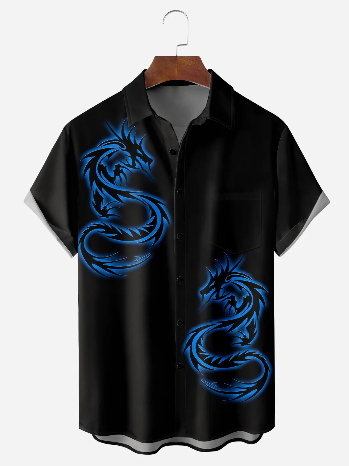 Men's Casual Double Dragon Element Printed Lapel Pocket Short Sleeve Shirt