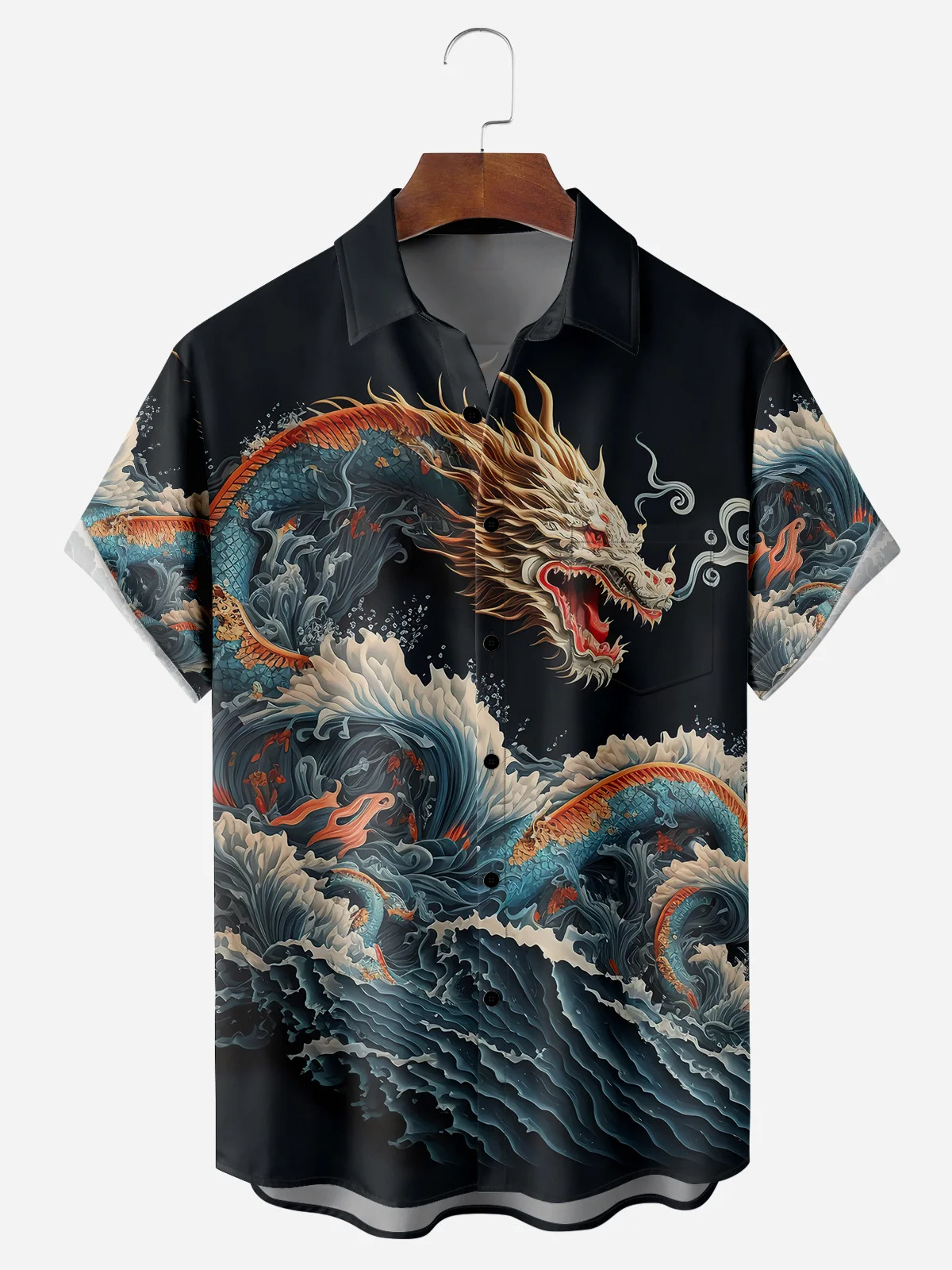 Men's Casual Ukiyo-e Dragon Wave Element Printed Lapel Pocket Short Sleeve Shirt