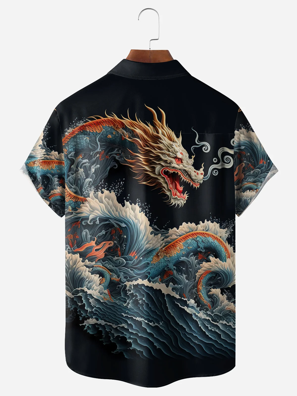 Men's Casual Ukiyo-e Dragon Wave Element Printed Lapel Pocket Short Sleeve Shirt