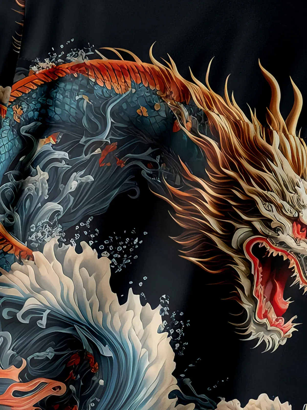 Men's Casual Ukiyo-e Dragon Wave Element Printed Lapel Pocket Short Sleeve Shirt