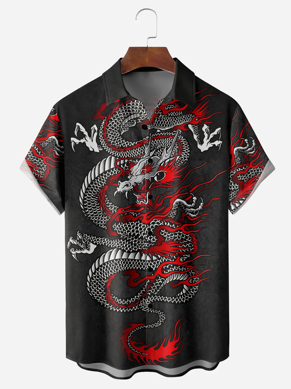 Men's Casual Ukiyo-e Dragon Element Printed Lapel Pocket Short Sleeve Shirt