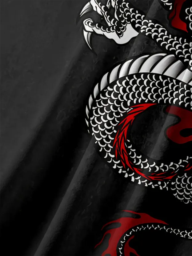 Men's Casual Ukiyo-e Dragon Element Printed Lapel Pocket Short Sleeve Shirt