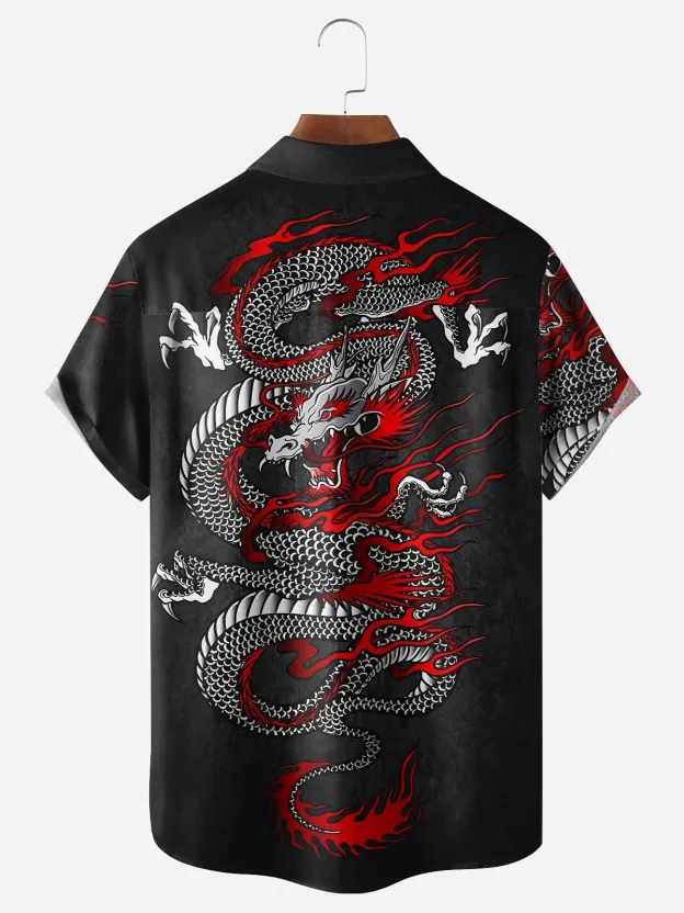 Men's Casual Ukiyo-e Dragon Element Printed Lapel Pocket Short Sleeve Shirt