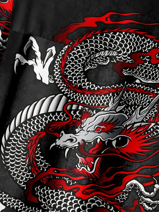 Men's Casual Ukiyo-e Dragon Element Printed Lapel Pocket Short Sleeve Shirt