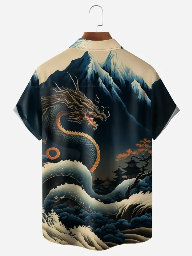 Men's Casual Ukiyo-e Dragon Wave Print Lapel Pocket Short Sleeve Shirt