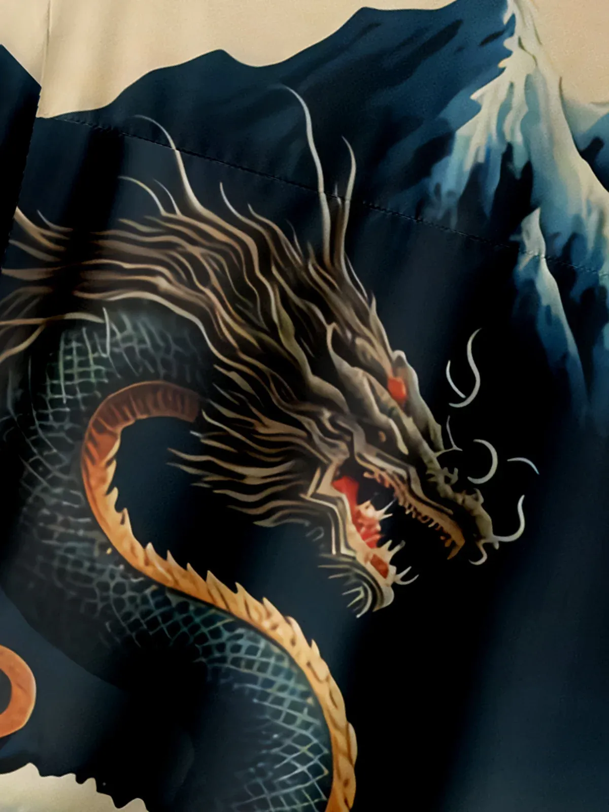 Men's Casual Ukiyo-e Dragon Wave Print Lapel Pocket Short Sleeve Shirt