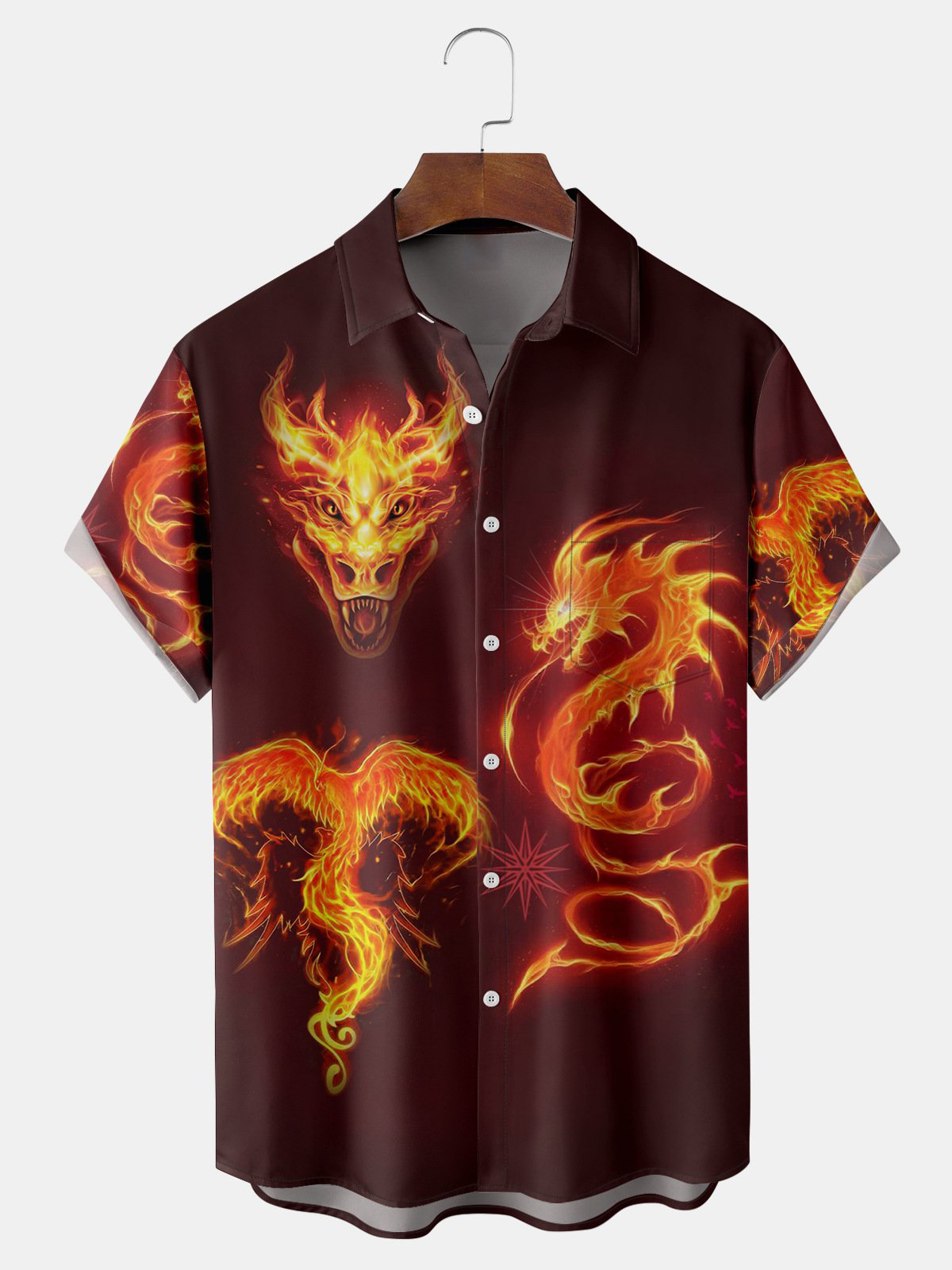 Men's Casual Flaming Dragon Print Lapel Pocket Short Sleeve Shirt