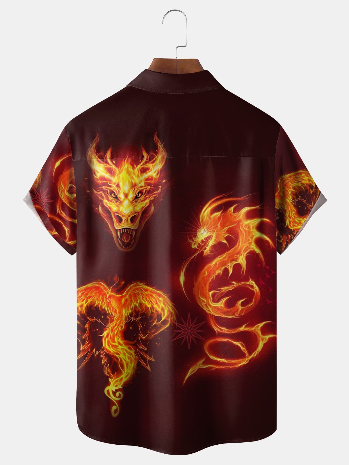Men's Casual Flaming Dragon Print Lapel Pocket Short Sleeve Shirt