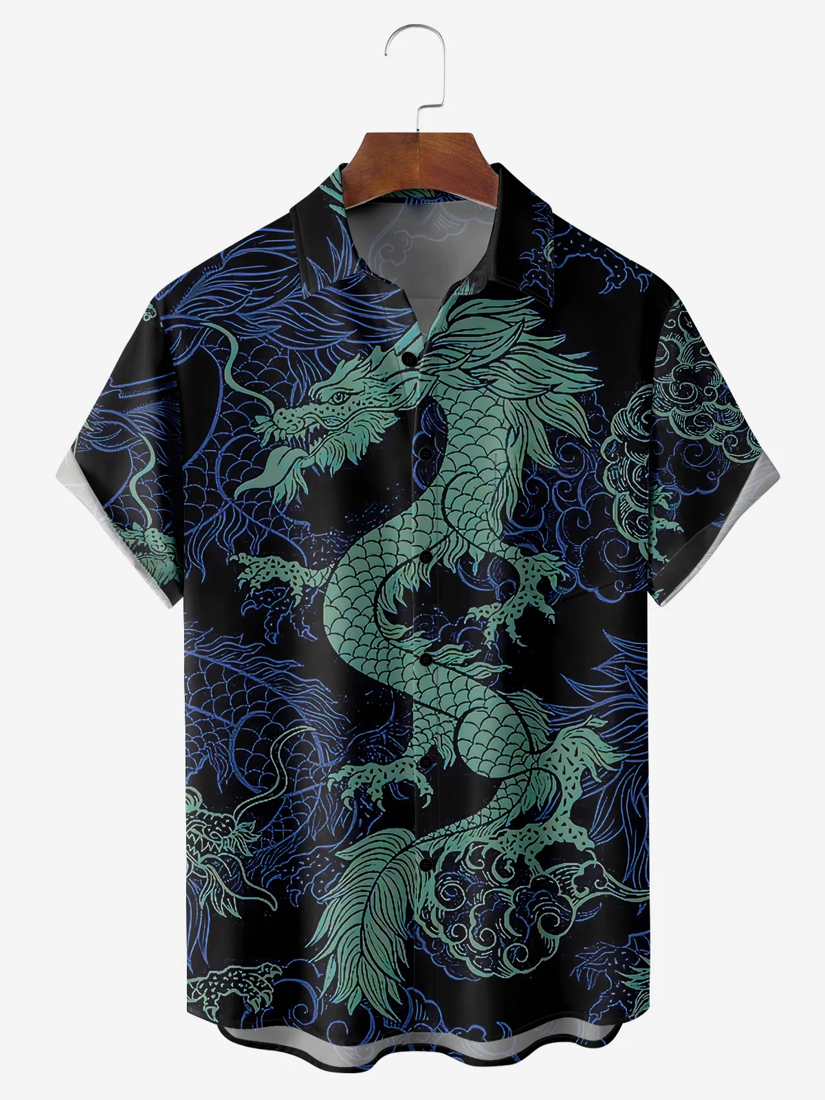 Men's Casual Blue Dragon Print Lapel Pocket Short Sleeve Shirt