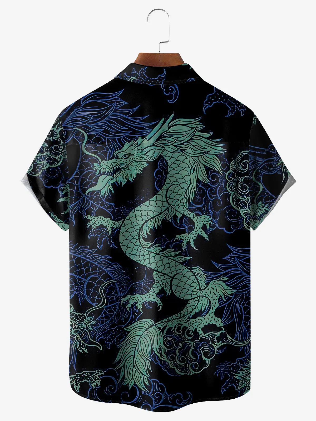 Men's Casual Blue Dragon Print Lapel Pocket Short Sleeve Shirt