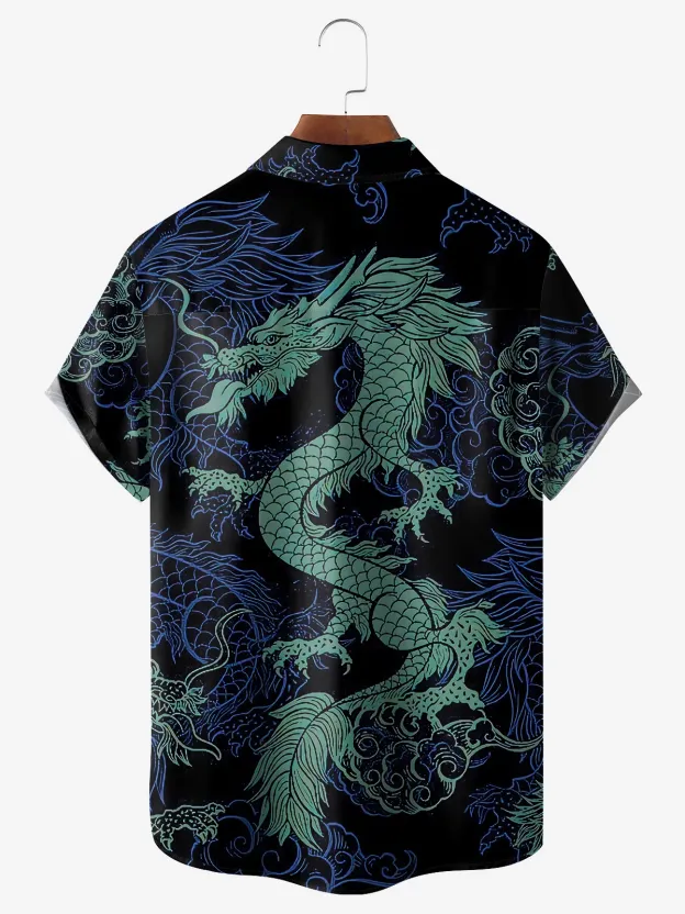 Men's Casual Blue Dragon Print Lapel Pocket Short Sleeve Shirt