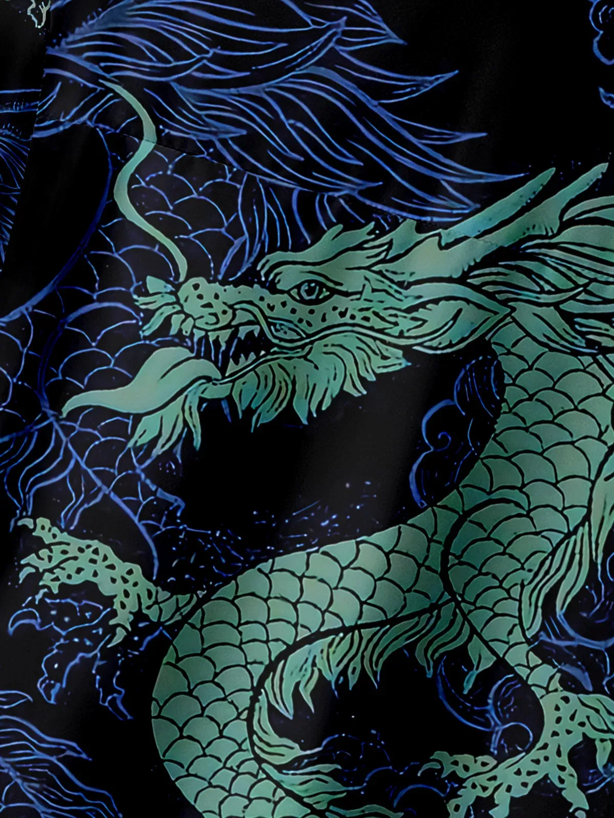 Men's Casual Blue Dragon Print Lapel Pocket Short Sleeve Shirt