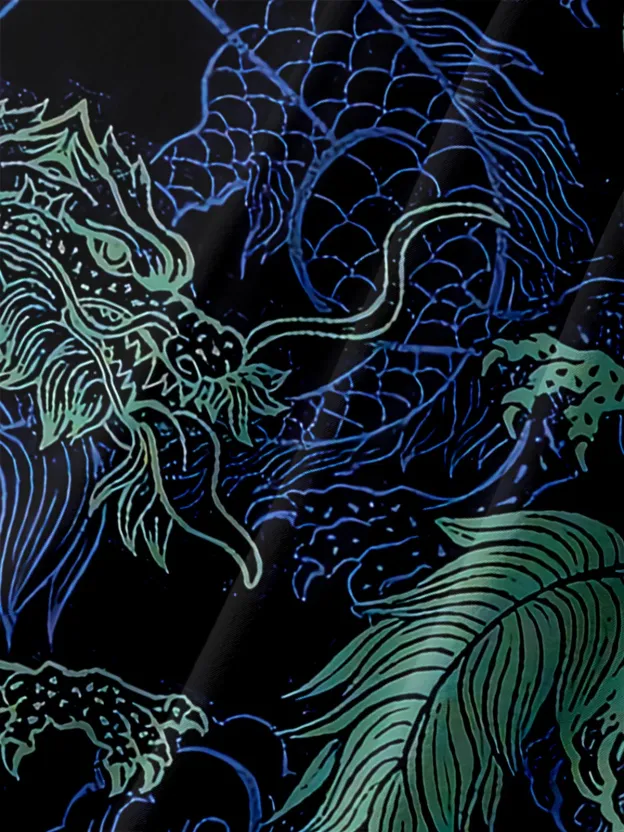 Men's Casual Blue Dragon Print Lapel Pocket Short Sleeve Shirt
