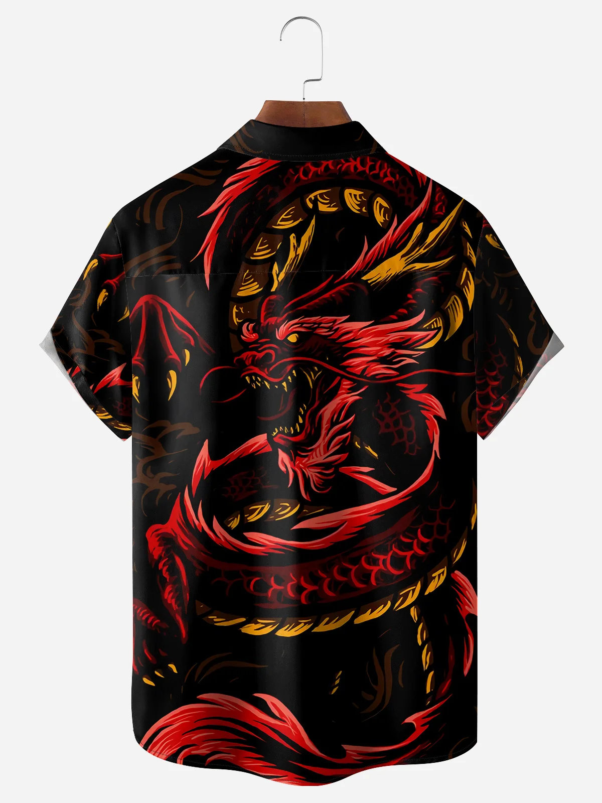 Men's Casual Red Dragon Print Lapel Pocket Short Sleeve Shirt
