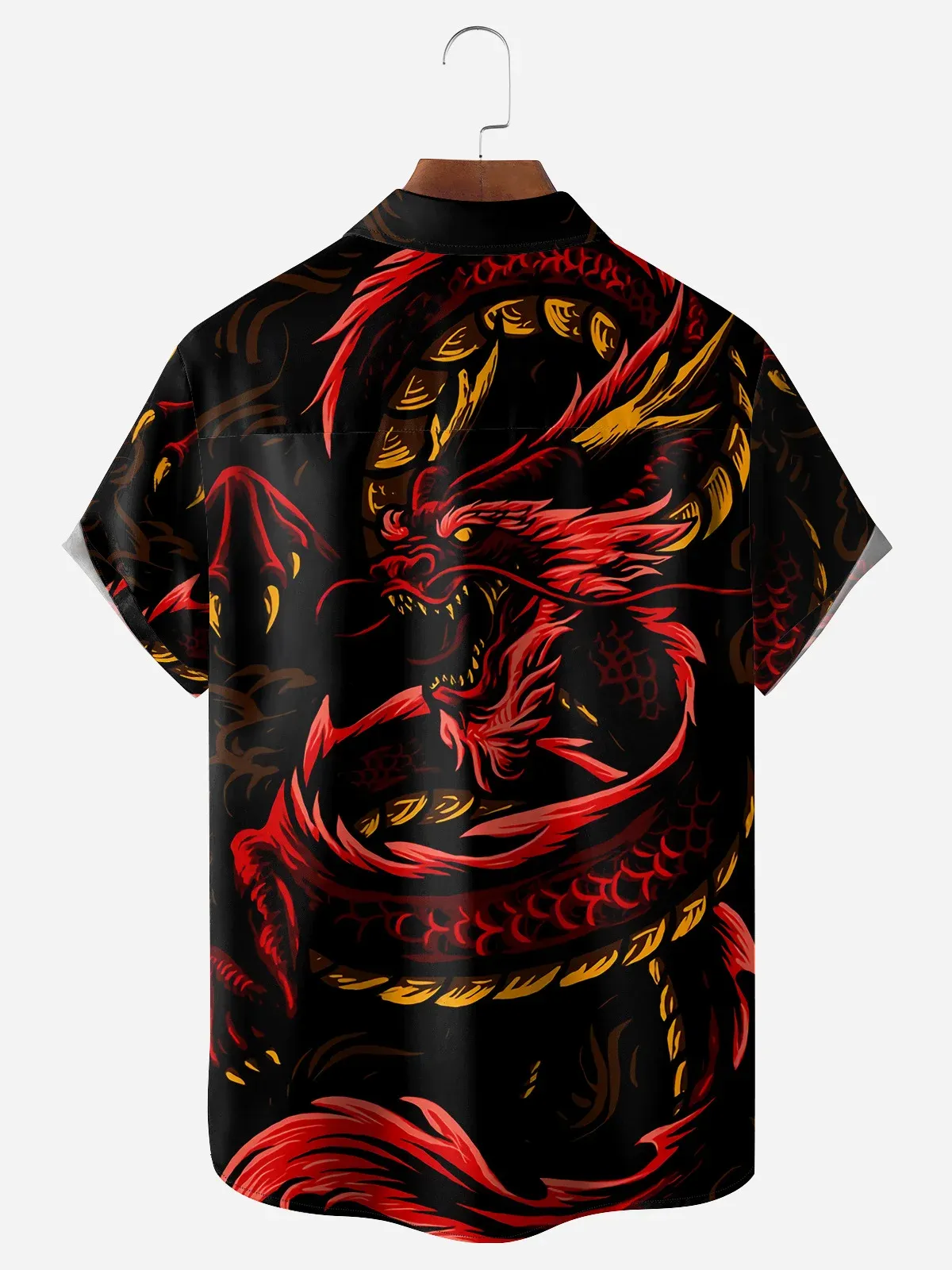 Men's Casual Red Dragon Print Lapel Pocket Short Sleeve Shirt