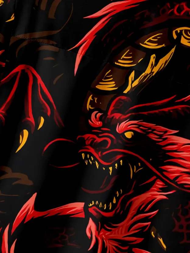 Men's Casual Red Dragon Print Lapel Pocket Short Sleeve Shirt