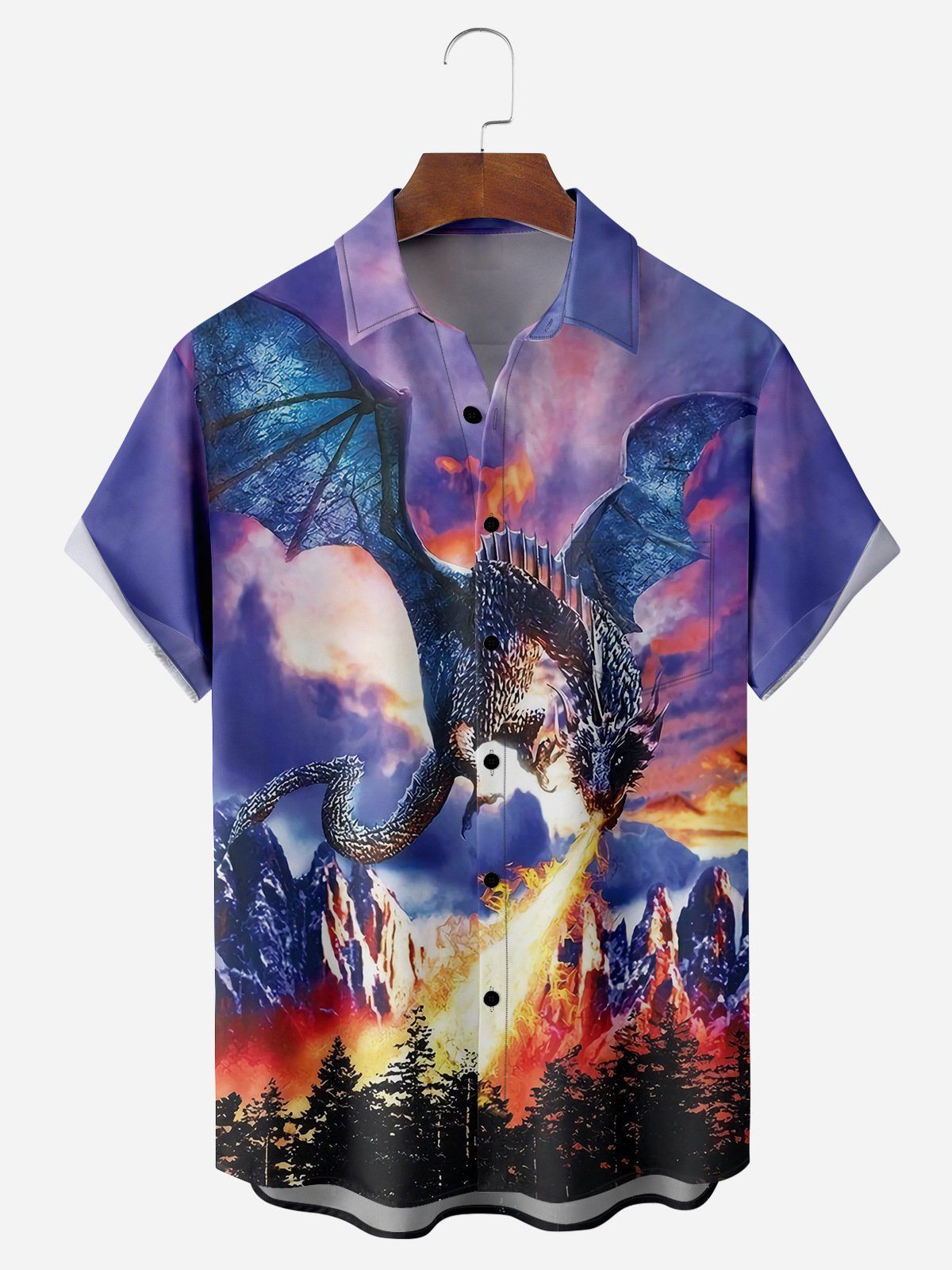 Men's Casual Cartoon Dragon Illustration Print Lapel Pocket Short Sleeve Shirt