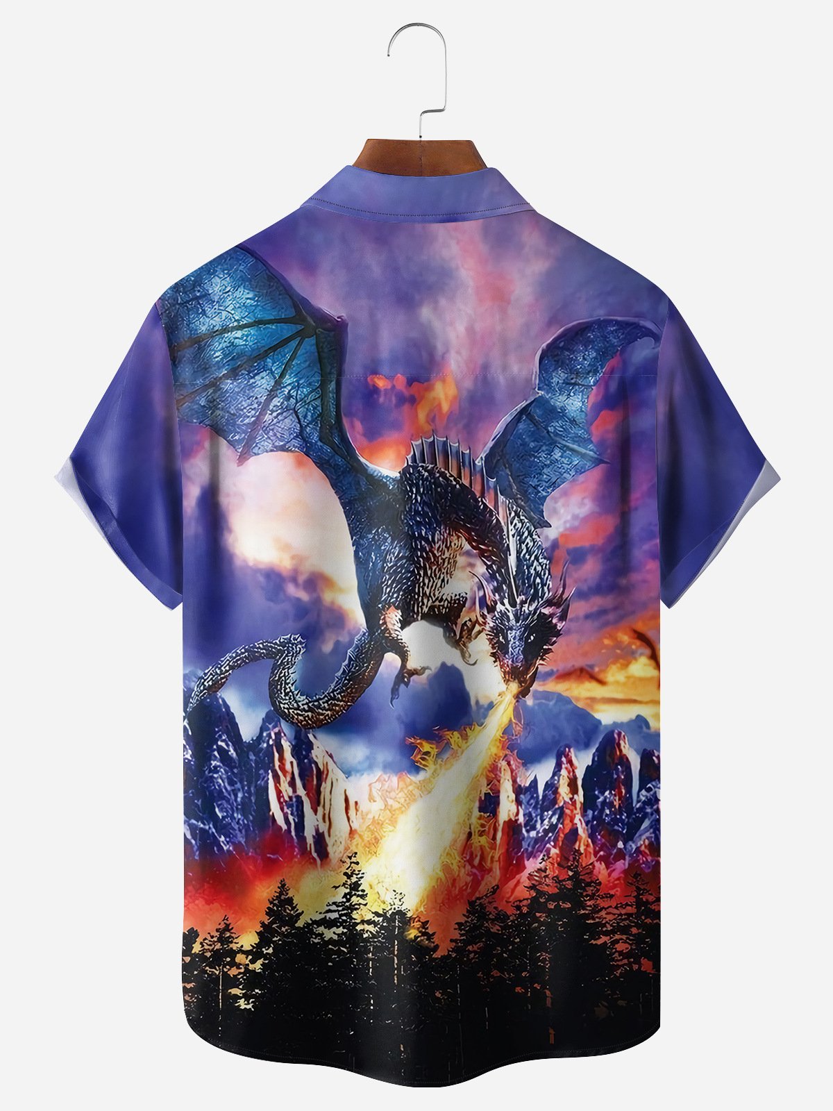 Men's Casual Cartoon Dragon Illustration Print Lapel Pocket Short Sleeve Shirt