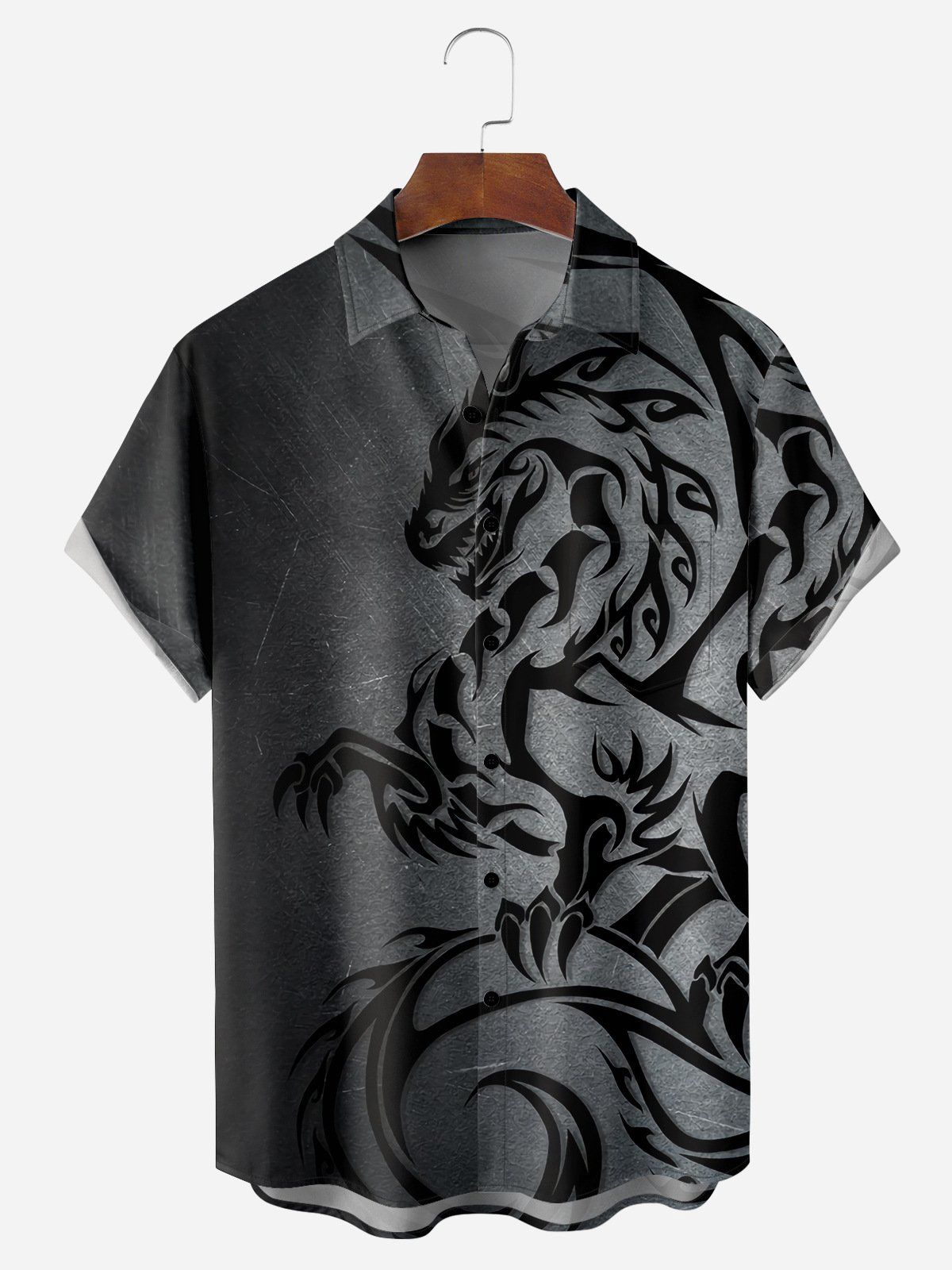 Men's Casual Gradient Dragon Print Lapel Pocket Short Sleeve Shirt