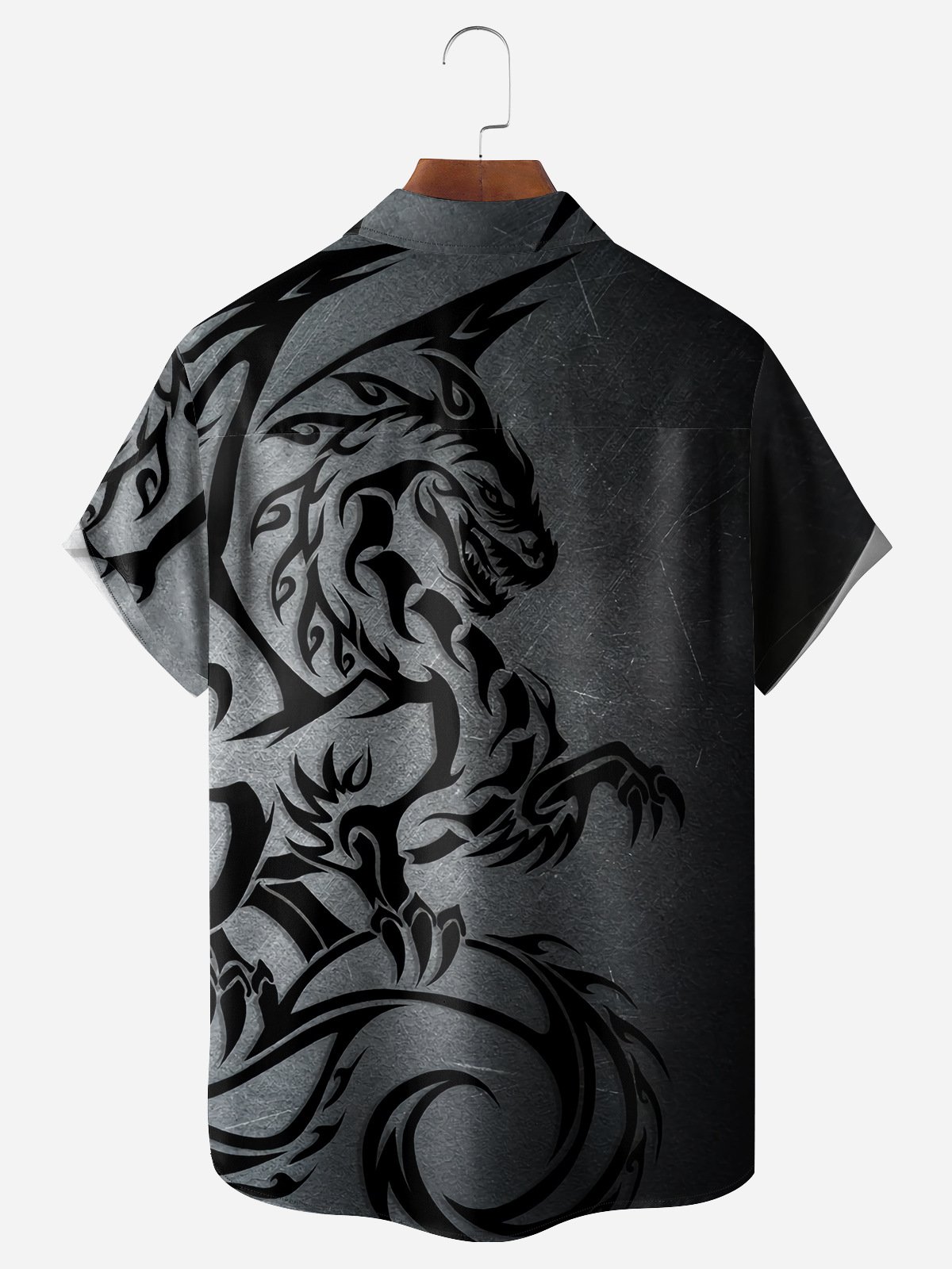 Men's Casual Gradient Dragon Print Lapel Pocket Short Sleeve Shirt
