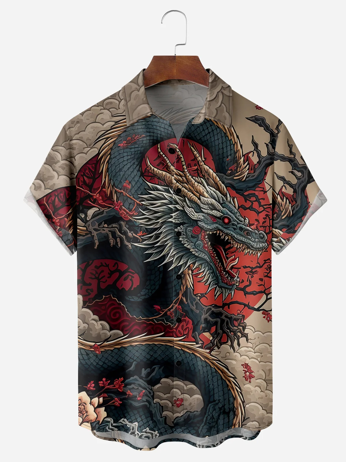 Men's Casual Japanese Ukiyo-e Dragon Illustration Print Lapel Pocket Short Sleeve Shirt